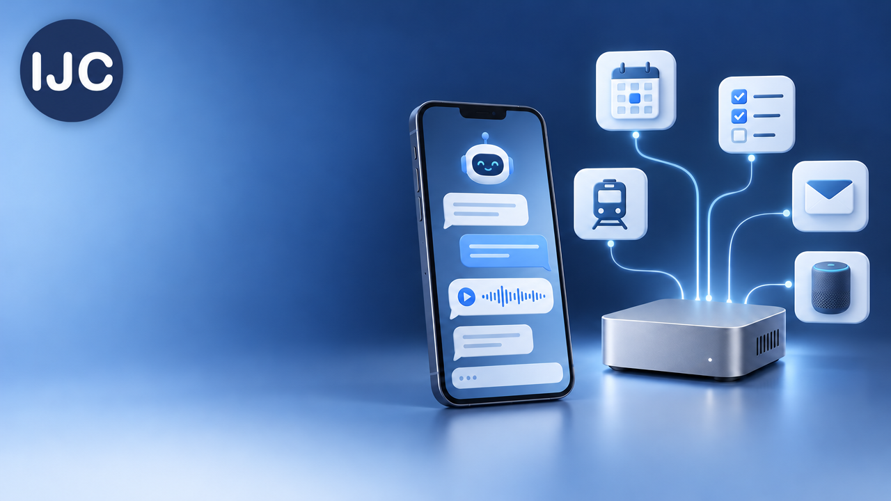 Illustratie van een smartphone met AI-chat, verbonden met agenda, taken, mail en trein via een thuisserver